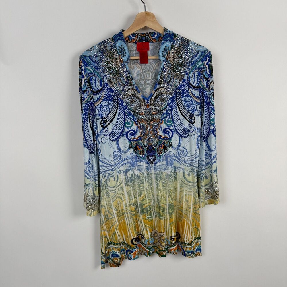 V Cristina Tunic Top Womens Large L Bohemian Hippie Fairycore 3/4 Sleeve Blouse